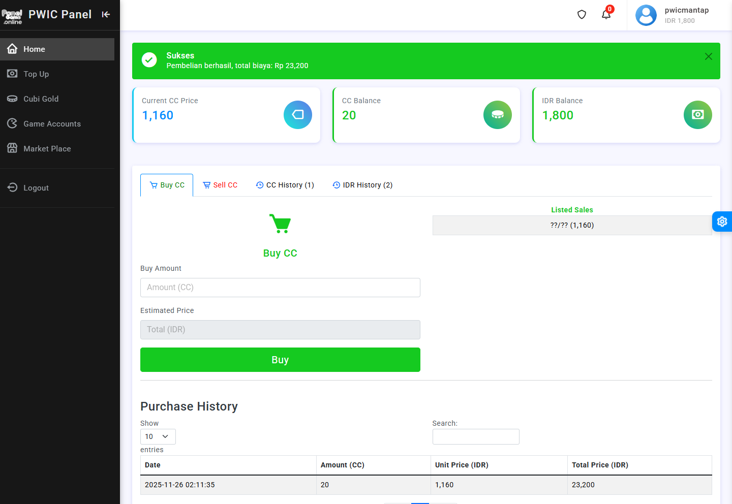 Step 5 - Pembelian CC berhasil